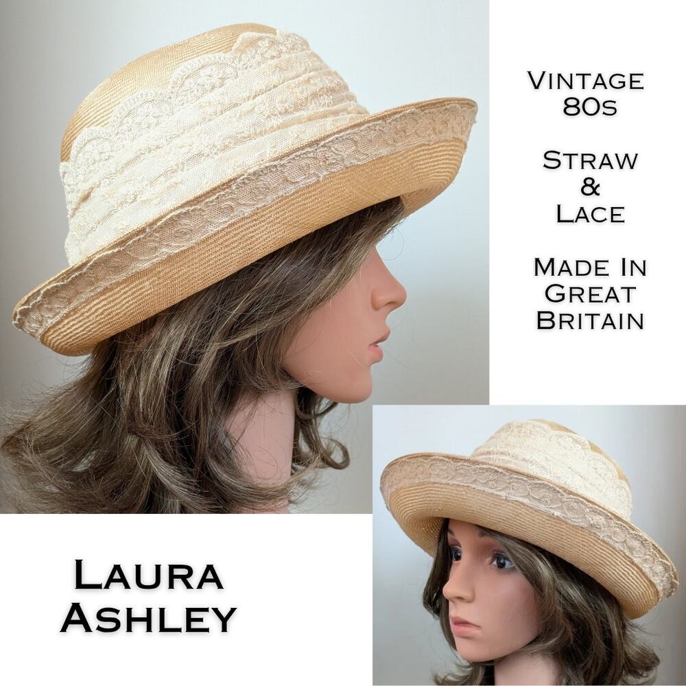 Laura Ashley VTG 80s Straw Boater Hat Tan Cream Lace Band Garden Great Britain